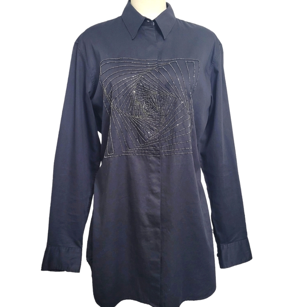 DRIES VAN NOTREN Size 8US (40 EU) Black Silver Cotton Blouse Causal Top